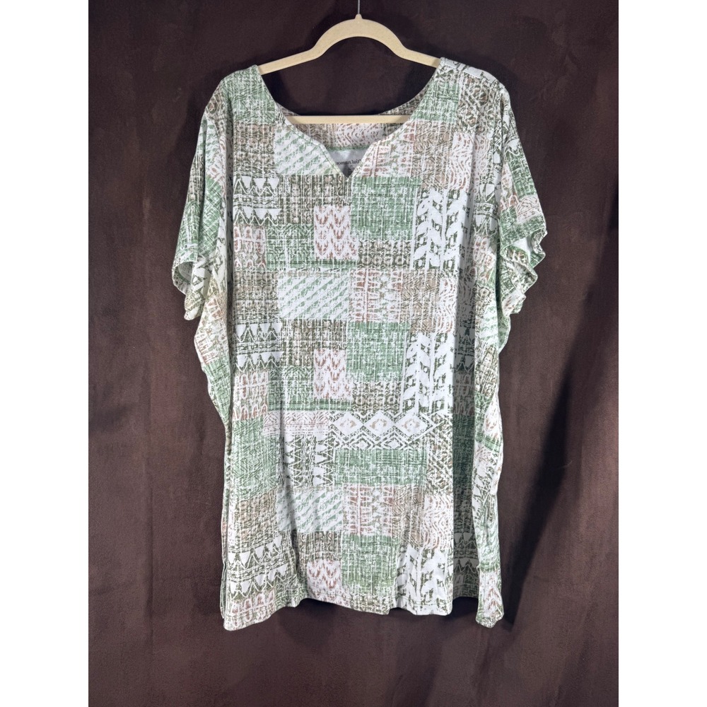 Woman Within Womens 2X 26/28 Green Patchwork Geometric V-Neck Tunic Top Shirt
